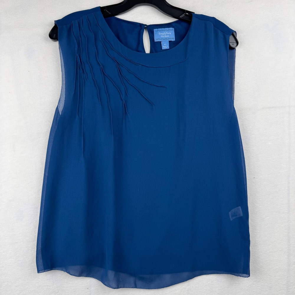 Simply Vera‎ Vera Wang Women's Blue Sleeveless Top Blouse Pleated Detail